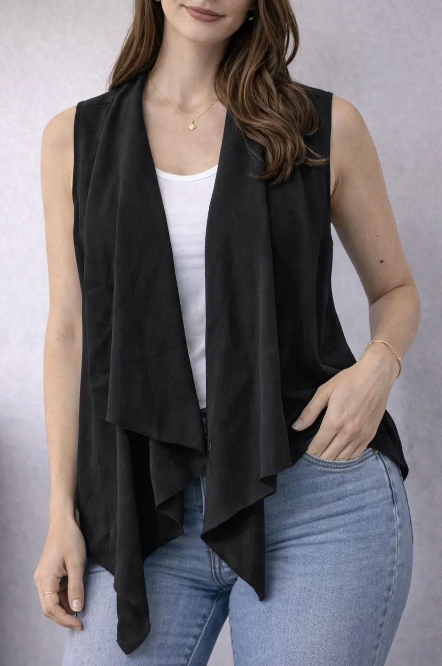 Christopher & Banks Vest Womens Small Black Draped Open Front Handkerchief Hem