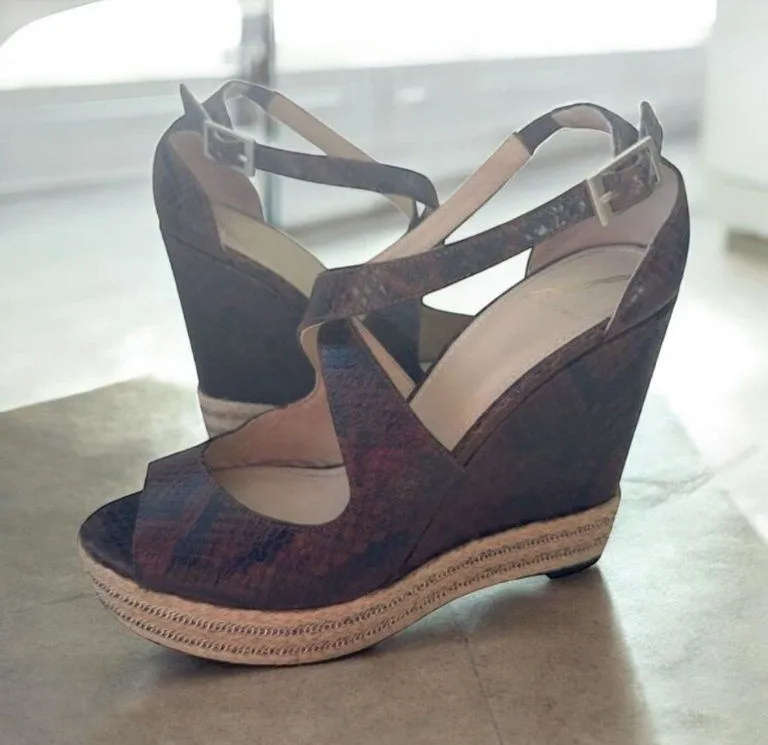 BRIAN ATWOOD Dekota Brown Leather Espadrille Wedges Size 7.5