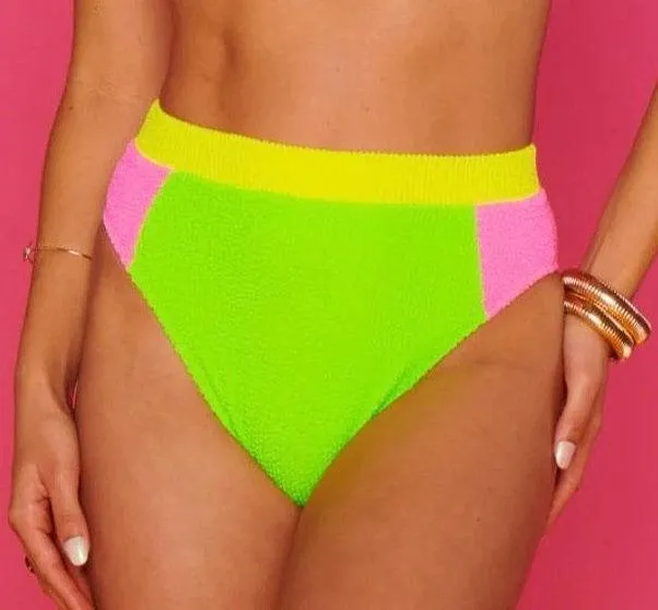 Show Me Your Mumu Neon Colorblock Crinkle High Waisted Bikini Bottoms Small