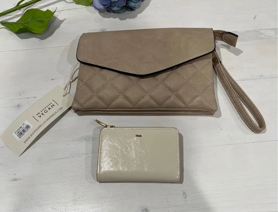 MNG Wallet and Vegan Leather Quilted clutch Wristlet Beige Tan