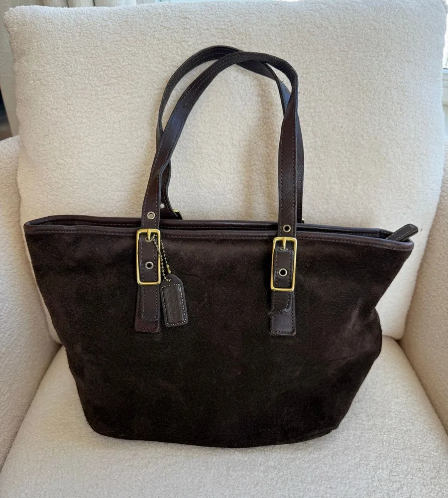 Coach Tote Bag Women Brown Adjustable Shoulder Strap Suede Leather Bohemian