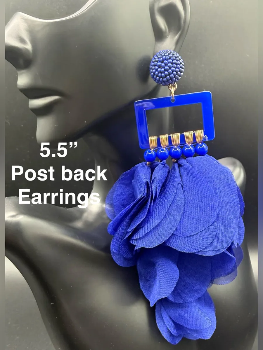 Blue Floral Statement Drop Earrings