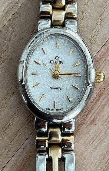 Elgin Ladies Watch Vintage Sparkling White Dial Two Tone Bracelet