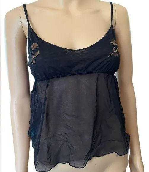 Besame Black Sheer Goth Whimsygoth Witch Romantic Embroidered Rose Lingerie Cami Size L
