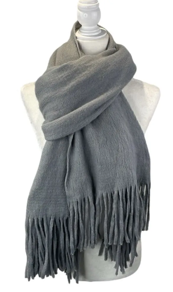 Steve Madden Rectangular Oversized Gray Fringed Scarf