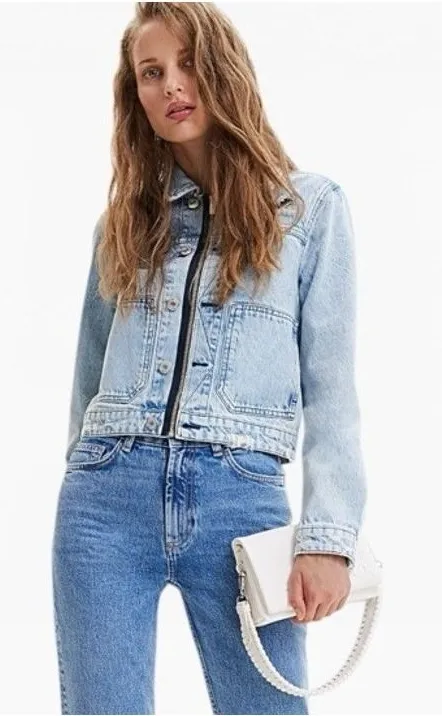 DESIGUAL Rhinestone FERIHA Blue Denim Evil Eye Cropped Denim Jacket Medium