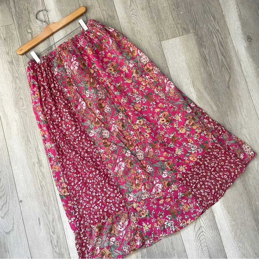 Floral Patchwork Skirt pull on midi womens Pink (medium) boho colorful hippie