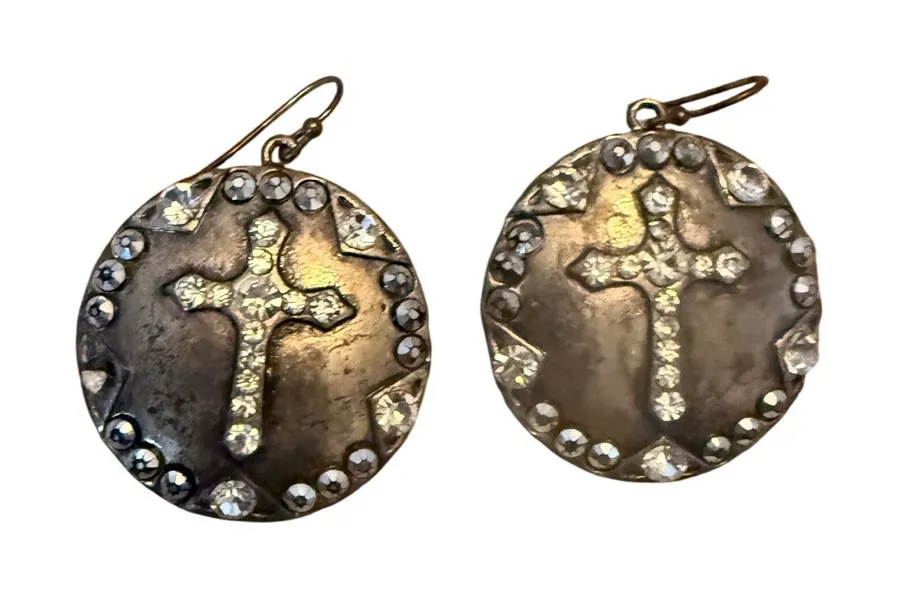 Antiqued Silver Rhinestone Cross Medallion Drop Earrings Religious Boho Gothic Silver