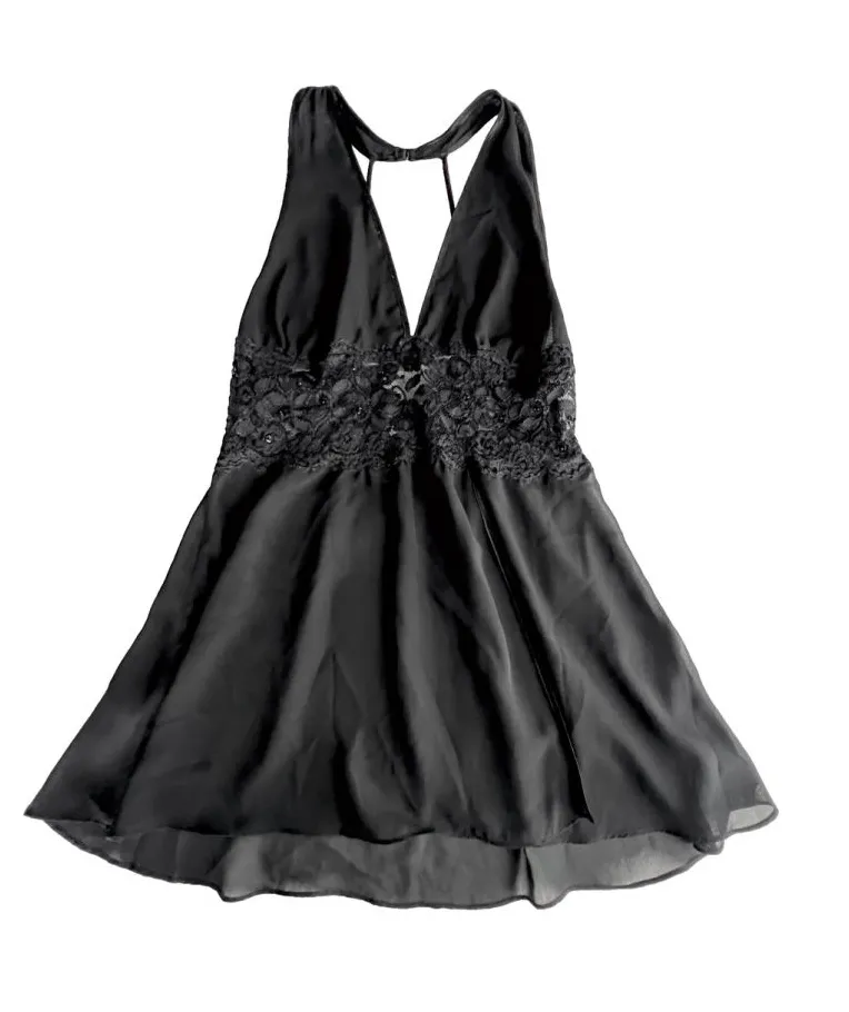 Seductionwear by Cinema Etoile black lace sheer halter babydoll chemise XL Y2K