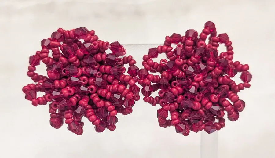 Vintage Clip On Earrings Extra Large Seed Bead Cluster Red Statement