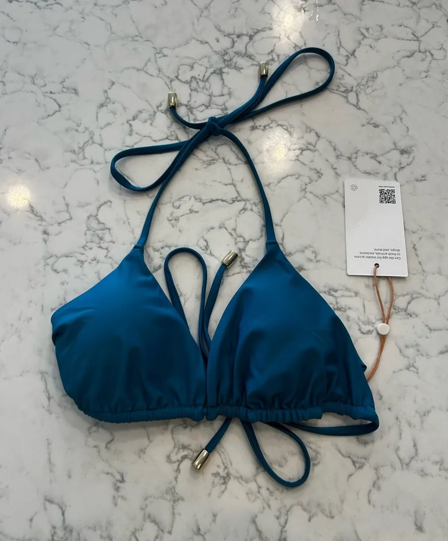 NWT Quince Italian Triangle Bikini Top in Lagoon Teal Blue Size XS