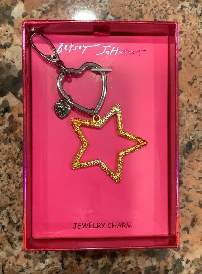 Betsey Johnson Yellow, Orange & Silver Tone Ombré Open Frame Star Key Ring, New