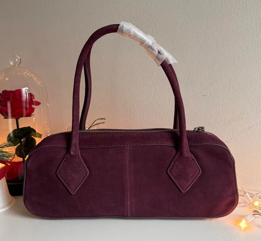 Burgundy Faux Suede Shoulder Bag Y2K Minimalist Baguette Purse Retro Chic NWT Brown