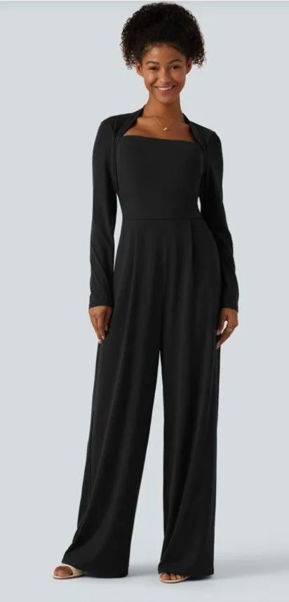 Halara Large Womens Black Long-Sleeve Jumpsuit With Open Back & Wide-Leg Design