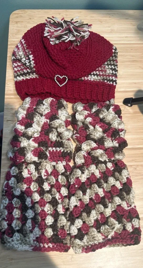 Womens Knit Hat Scarf Set Red Heart Winter Matching Crochet Chunky