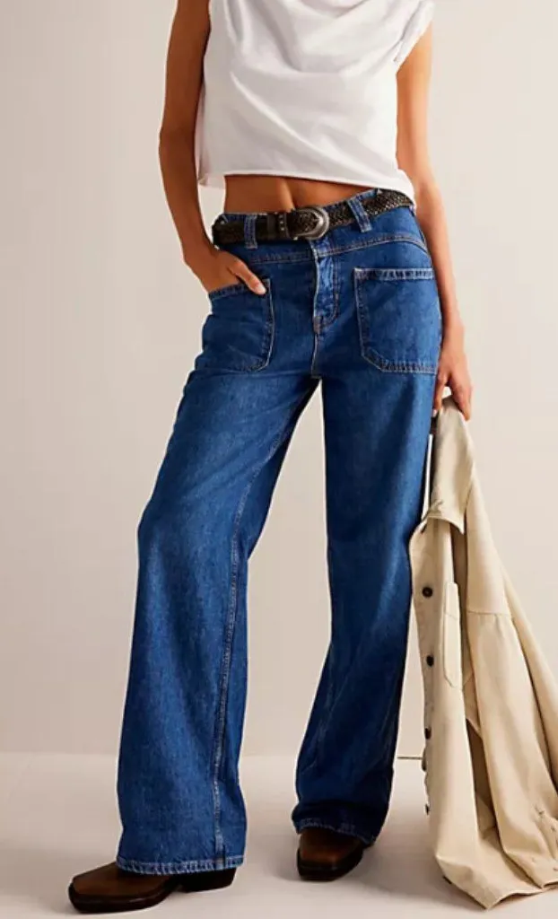 Free People We The Free Palmer Wide Leg Cuffed Jeans size 25 Medium Blue Wash