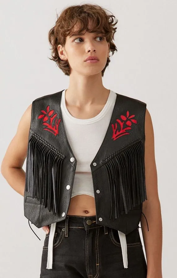 Mari Vegan Leather Fringe Vest Size Small