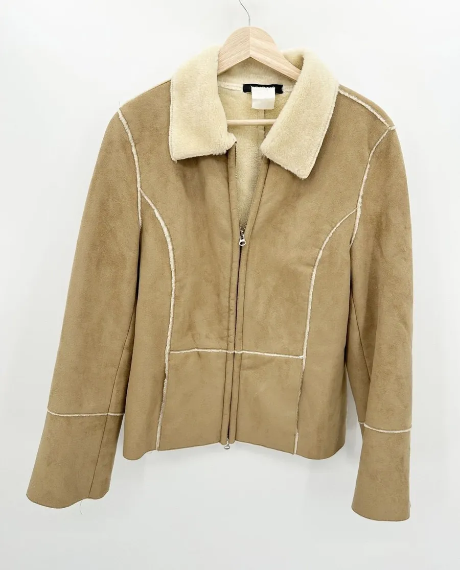 Tribal Womens Y2K 90s Suede Jacket Tan Full Zip Boho Sherpa Lined Size M Brown Size M