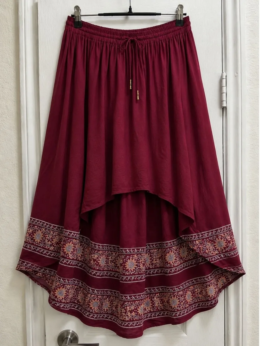 Free People High Low Maxi Skirt Burgundy Floral Border Boho XS