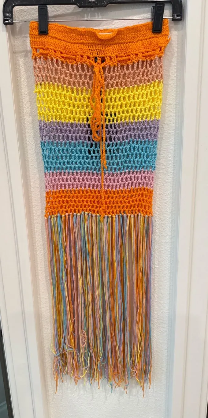 JNNA Rainbow Crochet Fringe Tube Top Festival Cover Up NWT Small Orange