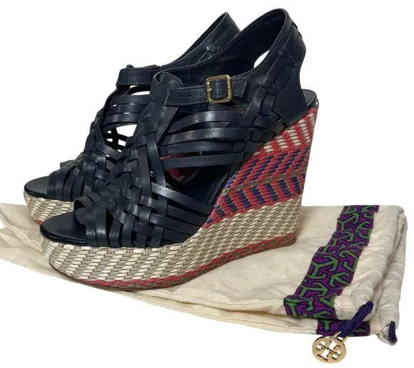 TORY BURCH Women’s Raven Black Leather Multi Color Espadrille Wedge