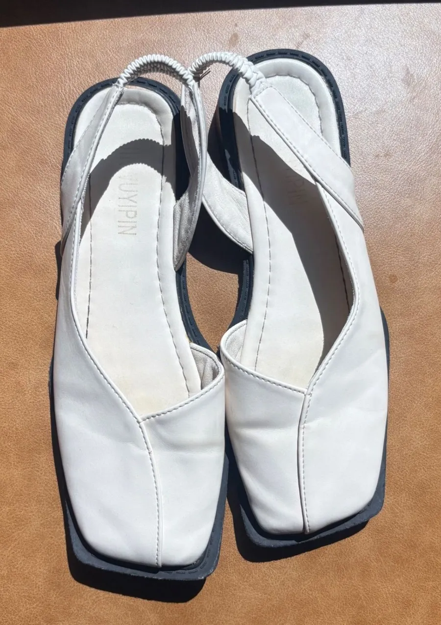 JINWUYIPIN Cream White Square Toe Slingback Flat Sandals Elastic Strap Size 250
