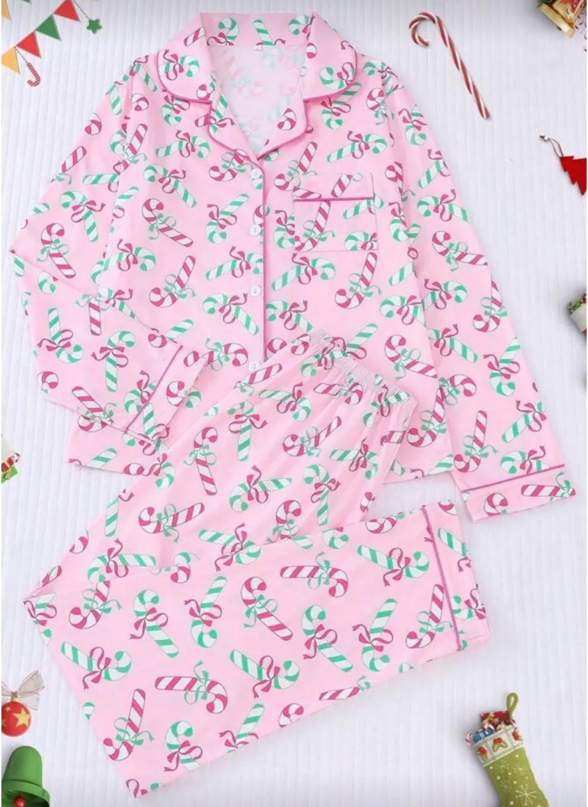 2pcs/Set Christmas Candy Cane & Gift Print Pajama Set For Women