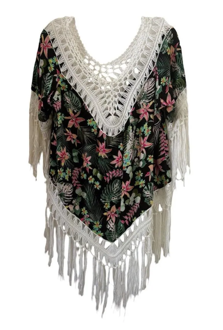 love J Black Floral Crochet Fringe Cover-Up L