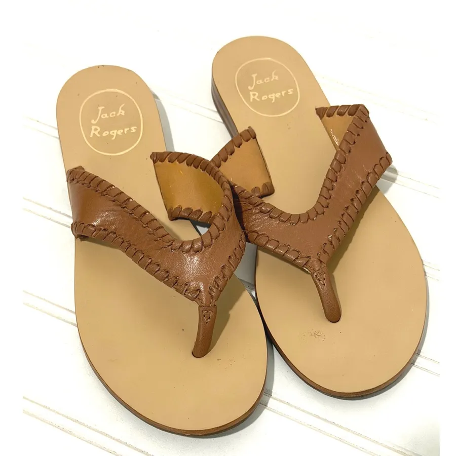 Jack Rogers Womens Whipstitch Leather Thong Sandals Saddle Tan Size 8M Flat