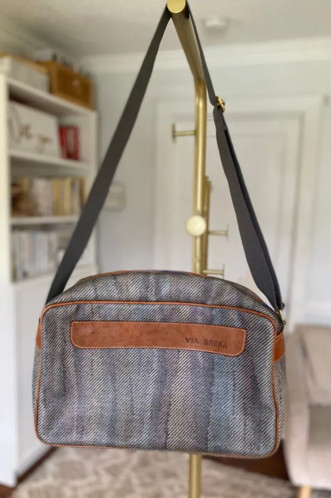 Vergani Italy Tweed Crossbody Tote Bag Brown Gray Wool Leather Vintage Class