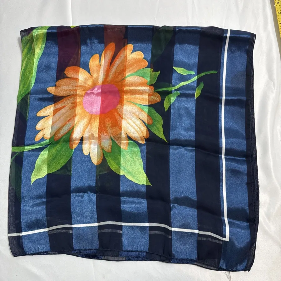 Women’s Blue Floral Scarf 40” X 40” Vibrant Sheer Drape Pokyester
