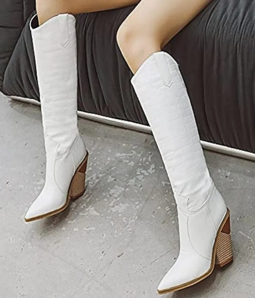 White Croc Embossed Pointed Toe Block Heel Knee High Western Boots, Size 40