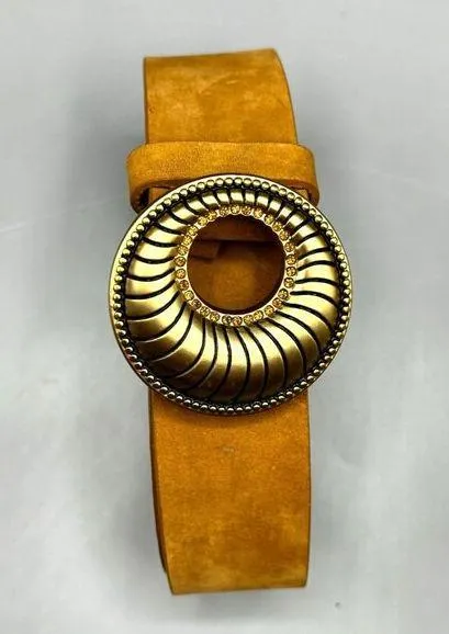 Chicos Leather Belt Ornate Brass Rhinestone Buckle Womens Small Suede