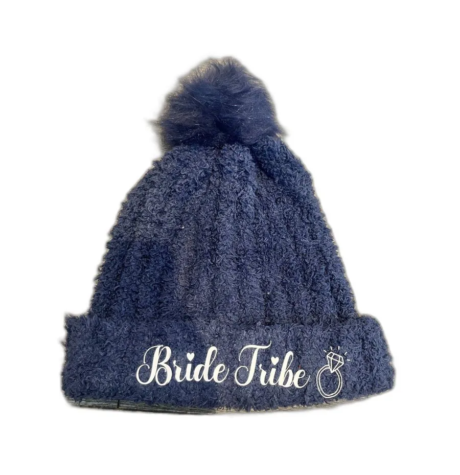 Navy Blue Womens Beanie Hat With Pom Pom Bride Tribe Bachelorette Party Beanie Blue