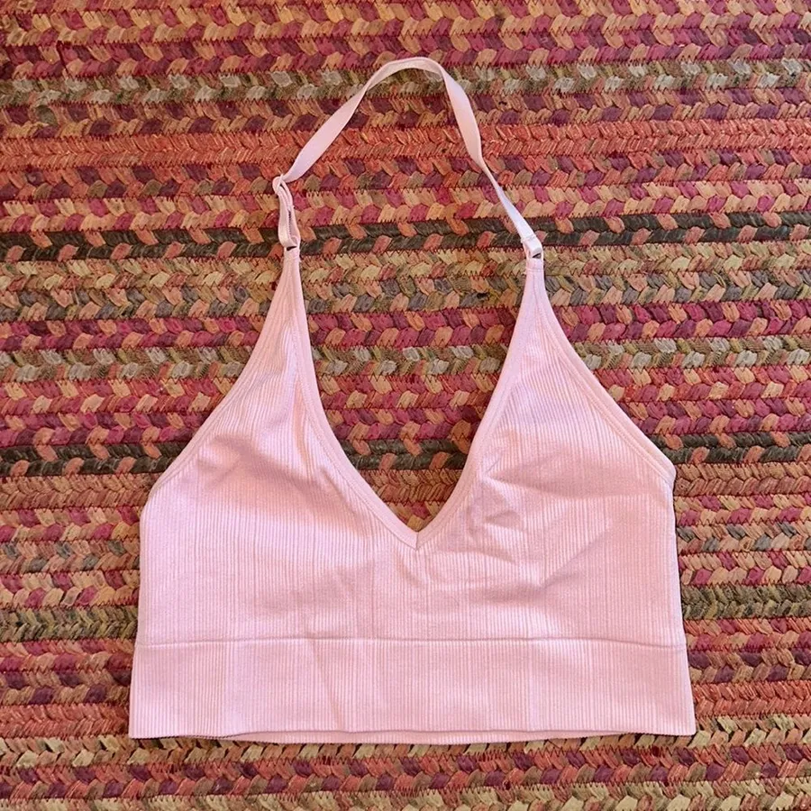 VS PINK LIGHT PINK SEAMLESS RIBBED HALTER BRA
