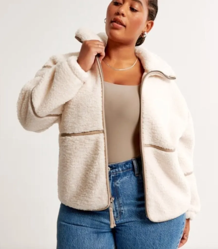 Abercrombie & Fitch Sherpa Fleece Mockneck Full Zip Jacket - Ivory - Size S -NWT