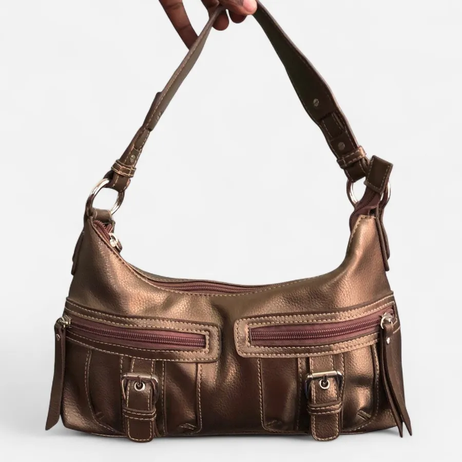 Y2K Brown Gold Metallic Leather Cargo Buckles Shoulder Hobo Hand Bag Purse Satchel Top Handle O