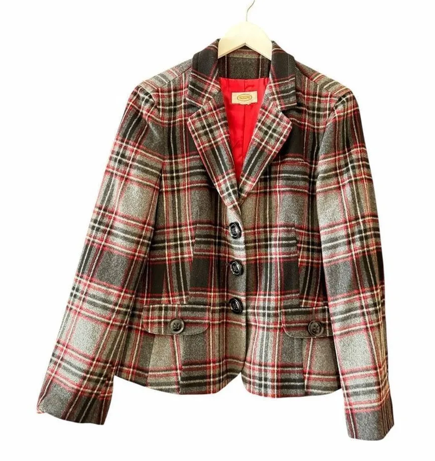 Talbots Aberdeen Plaid Wool Blend Holiday Blazer Jacket SZ L