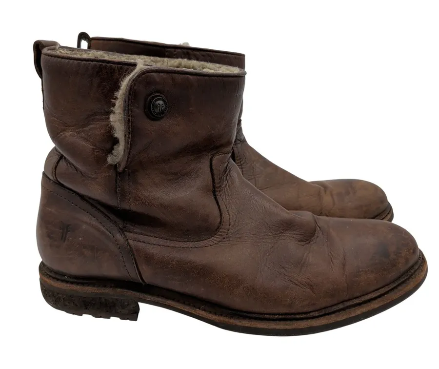Frye Celia Shearling Short Boots Womens 10B Brown Leather Moto Lug Sole 3476747