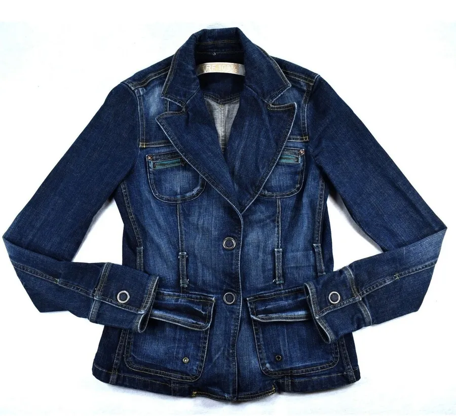 Zara TRF Womens Denim Blazer Jacket Dark Wash Blue Cotton Blend Small Flaw