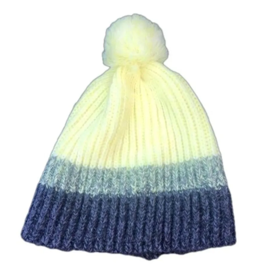 Y2K Yellow Gray Pom Pom Ski Hat Fleece Lined Tassel Winter Beanie Cozy