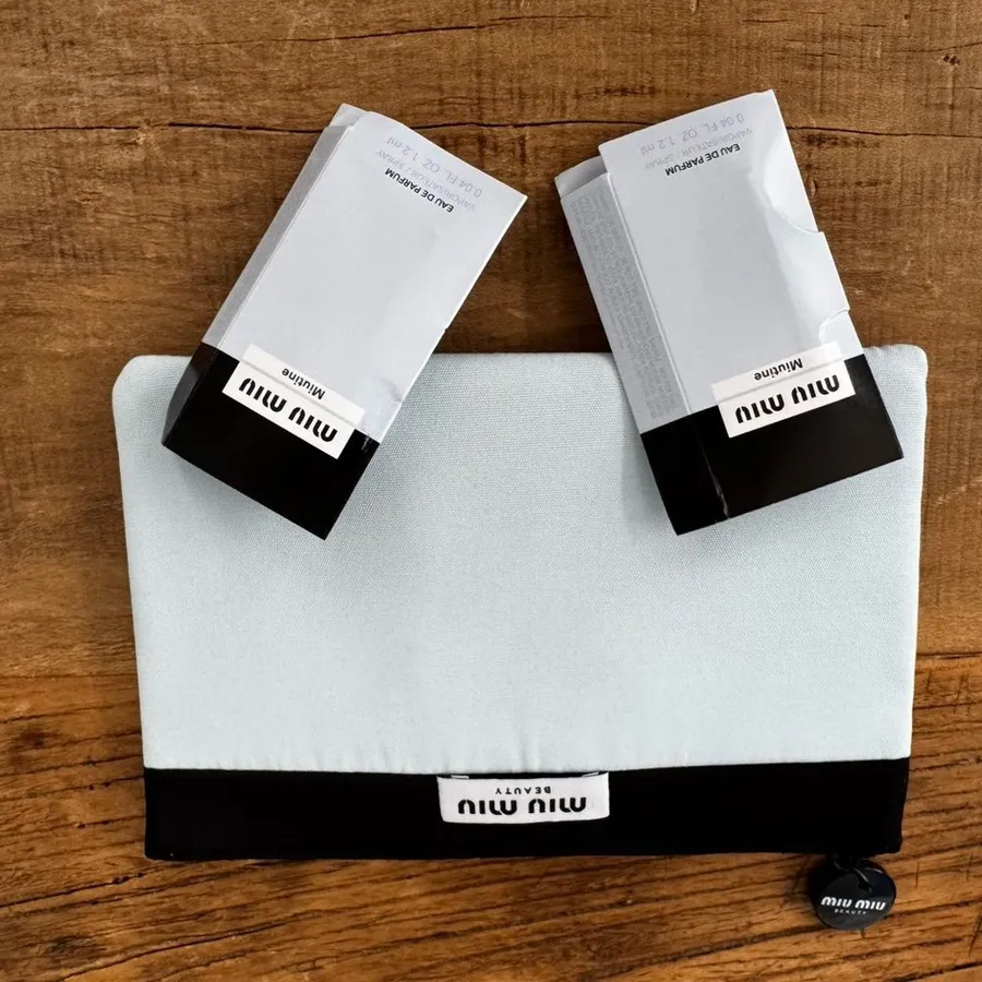 BEAUTIFUL Light Blue & Black Miu Miu Cosmetics Bag w/ TWO perfume samples! NEW