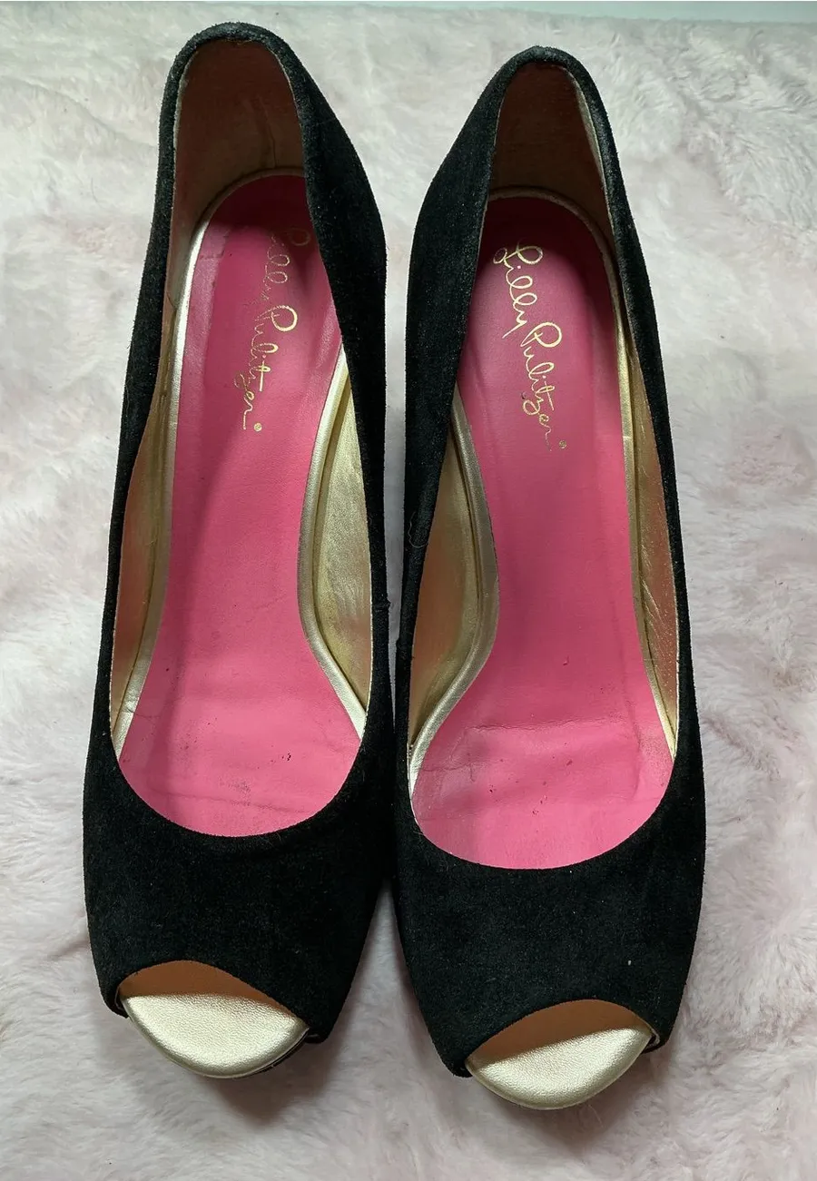 Lilly Pulitzer Black Suede Peep-Toe Pumps 160