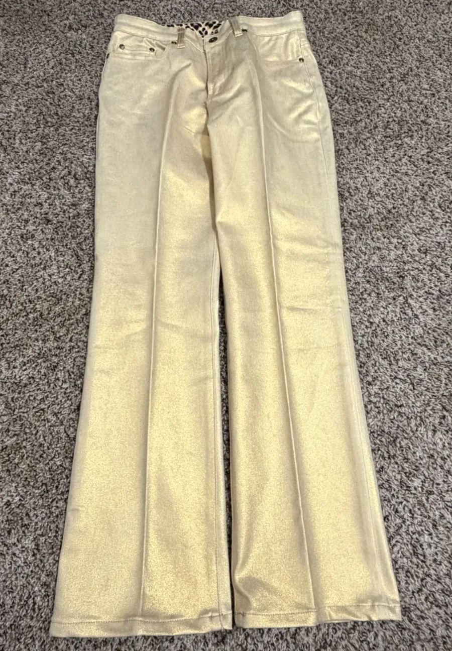 DG2 Diane Gilman Gold Metallic Coated Embellished Straight Leg Jeans 6