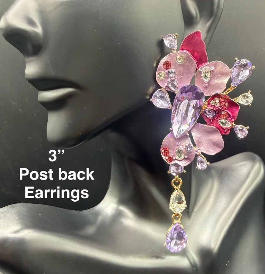Lavender Floral Crystal Drop Earrings