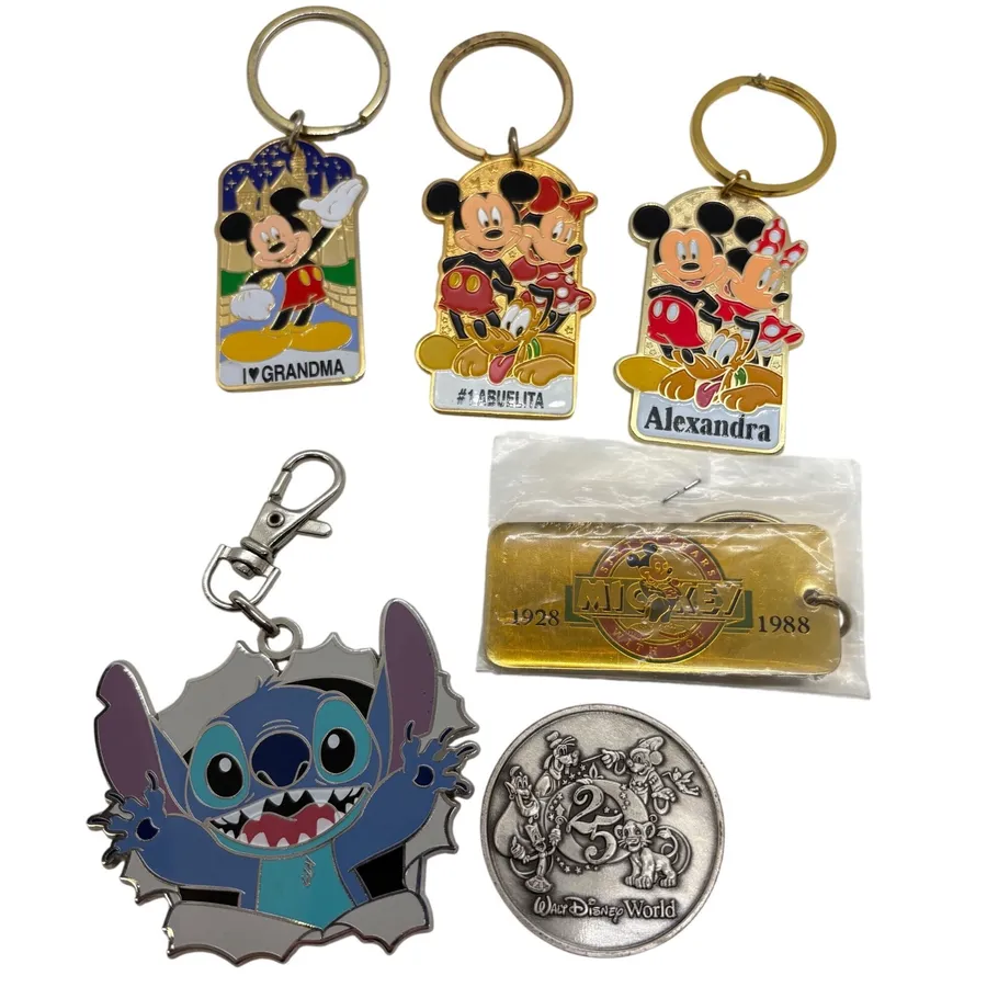 Disney Keychain Coin Lot Stitch Mickey Minnie 60th 25th Anniversary Abuelita