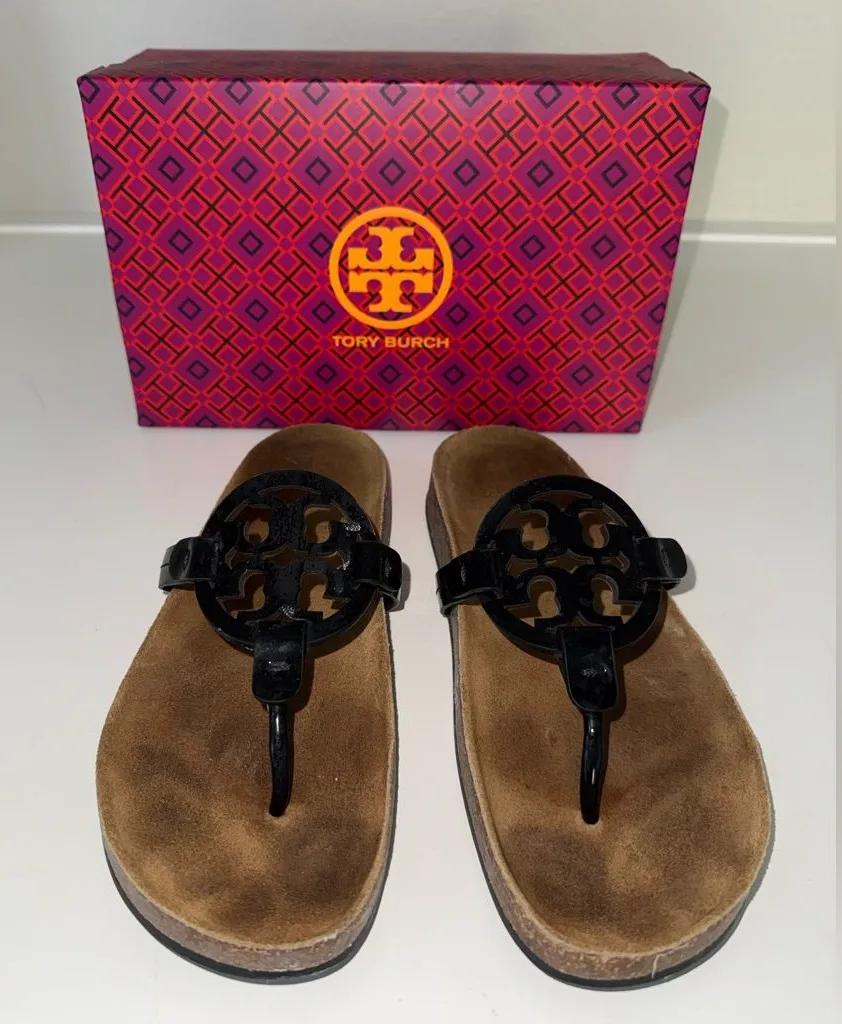 Tory Burch Women's Miller Cloud Sandals Black Patent Leather Natural Size 8
