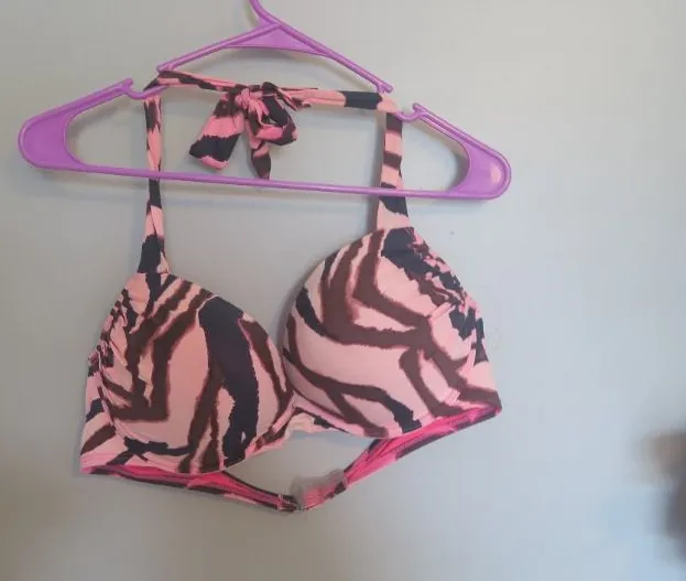 Victoria's Secret halter designed bikini bra top in pink, brown and black size 38C.