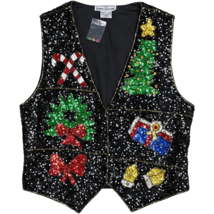 The Everett Collection Vintage Black Sequin Christmas Vest Holiday Tree Wreath L Size L