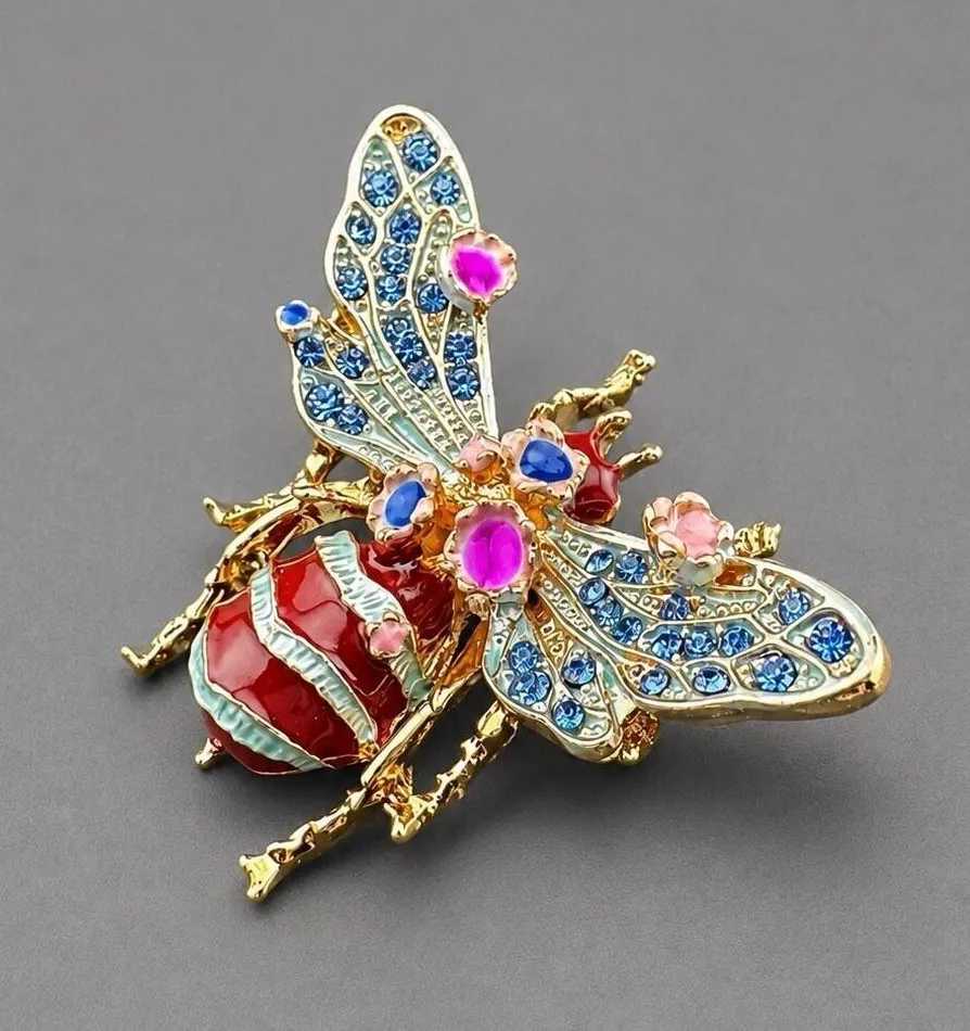 Colorful Crystal Flower and Bee Brooch Pin Red